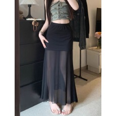 批发设计感<b class='q'>网纱</b>拼接白色半身裙女2026夏季新款辣妹显瘦垂感微透A字裙