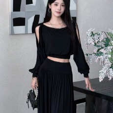 批发新款法式气质套装长袖<b class='q'>长裙</b>上衣T恤高腰修身<b class='q'>半身裙</b>藕色轻熟两件套