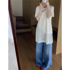 批发2025早春镂空休闲针织<b class='q'>马甲</b>叠穿宽松韩版侧开叉中<b class='q'>长款</b>罩衫女