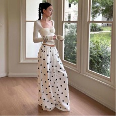 批发2026春夏波点白色松紧腰<b class='q'>阔腿裤</b>海边度假直筒裤宽松休闲长裤女