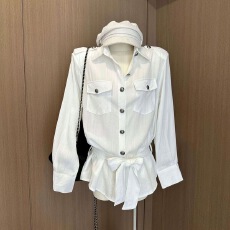 批发<b class='q'>亚麻</b>腰带长袖白衬衫上衣新年外穿小香风薄款防晒衬衫求职季