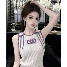 批发2026年冰爽丝小香风撞色边针织无袖背心女<b class='q'>春</b>季百搭蝴蝶结装饰上衣