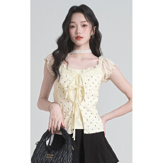 批发韩系法式辣妹温柔修身假两件短袖波点绑带T恤女夏季呆萌收腰上衣