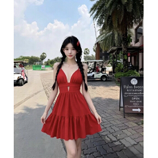 批发红色V领吊带<b class='q'>连衣裙</b>女夏2026新款海边度假风收腰显瘦小个子A字短裙