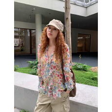 批发夏季新款气质百搭荷叶边V领印花<b class='q'>喇叭袖</b>收腰显瘦薄款<b class='q'>雪纺衫</b>上衣潮