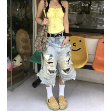 批发美式七分裤<b class='q'>欧美风</b>牛仔短裤宽松显瘦双腰头设计休闲破洞热阔腿裤潮