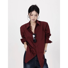 批发韩系叠穿复古气质酒红色长袖衬衫女秋<b class='q'>冬</b>新款宽松慵懒风百搭衬衣潮