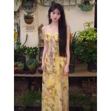 批发法式高级感度假风<b class='q'>抹胸</b><b class='q'>连衣裙</b>女夏新款蕾丝拼接黄色碎花吊带裙小众