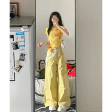 复古设计感休闲运动服搭配一整套女短款上衣T恤阔腿裤子两件套潮