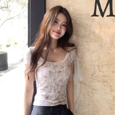 批发原版蕾丝+网纱双层 u领蕾丝衫短袖t恤女夏季修身甜辣妹绝美上衣
