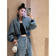 批发巨好看秋冬一整套清冷松弛感miu系穿搭蓝色牛仔棒球服阔腿裤<b class='q'>套装</b>