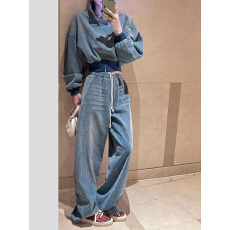 批发2026巨好看秋冬一整套清冷松弛感miu系穿搭蓝色牛仔棒球服阔腿裤