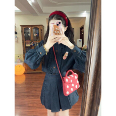 批发复古法式木耳边翻领长袖牛仔外套A字半身短裙<b class='q'>女</b>秋季新款时尚套装