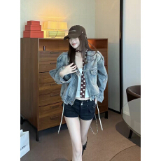 批发美式复古机车风牛仔外套女秋<b class='q'>冬</b>新款宽松拉链工装短款夹克百搭潮流