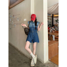 批发无袖毛边牛仔<b class='q'>连体裤女</b>夏季新款Polo领工装宽松休闲收腰阔腿短裤薄