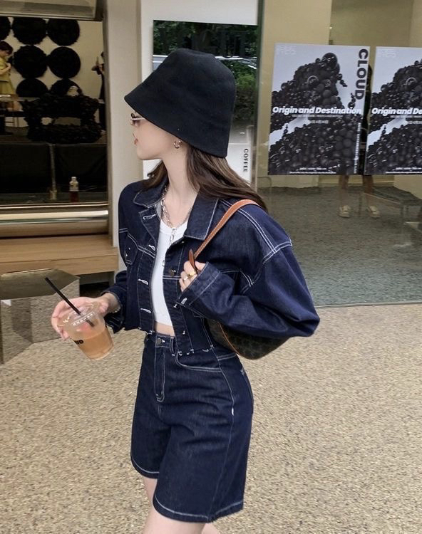 BY32743# 洋气牛仔短外套女夏薄款上衣中裤小个子时髦辣妹外搭套装 服裝批發女裝批發服飾貨源