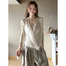 批发韩系温柔风V领飘带小众衬衫女早秋新款挂脖长袖<b class='q'>欧根纱</b>小衫上衣