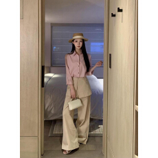 批发高智感穿搭粉色Polo领长袖<b class='q'>衬衫</b>上衣女春夏设计感百搭阔腿<b class='q'>裤</b><b class='q'>两件套</b>