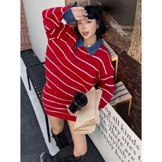 批发高级感可拆卸牛仔领条纹时尚针织套装秋冬减龄毛衣包臀短裙两件套