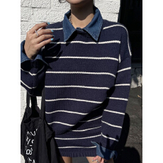批发高级感可拆卸牛仔领条纹时尚针织套装秋冬减龄毛衣包臀短裙两件套