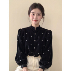 批发新中式国风女装黑色波点灯芯绒<b class='q'>旗袍</b>上衣2025冬设计感气质内搭小衫