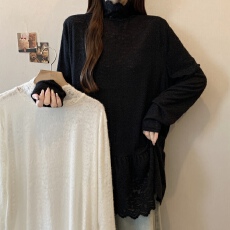 批发实拍 <b class='q'>大码</b>韩系甜美简约镂空半高领法式蕾丝衫叠穿打底衫