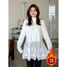 批发实价 大码女装韩系简约百搭圆领加绒花边拼接套头叠穿打底衫T恤