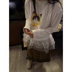 批发实价 韩系早<b class='q'>春</b>可爱猫咪印花拼接蕾丝边边打底叠穿T恤