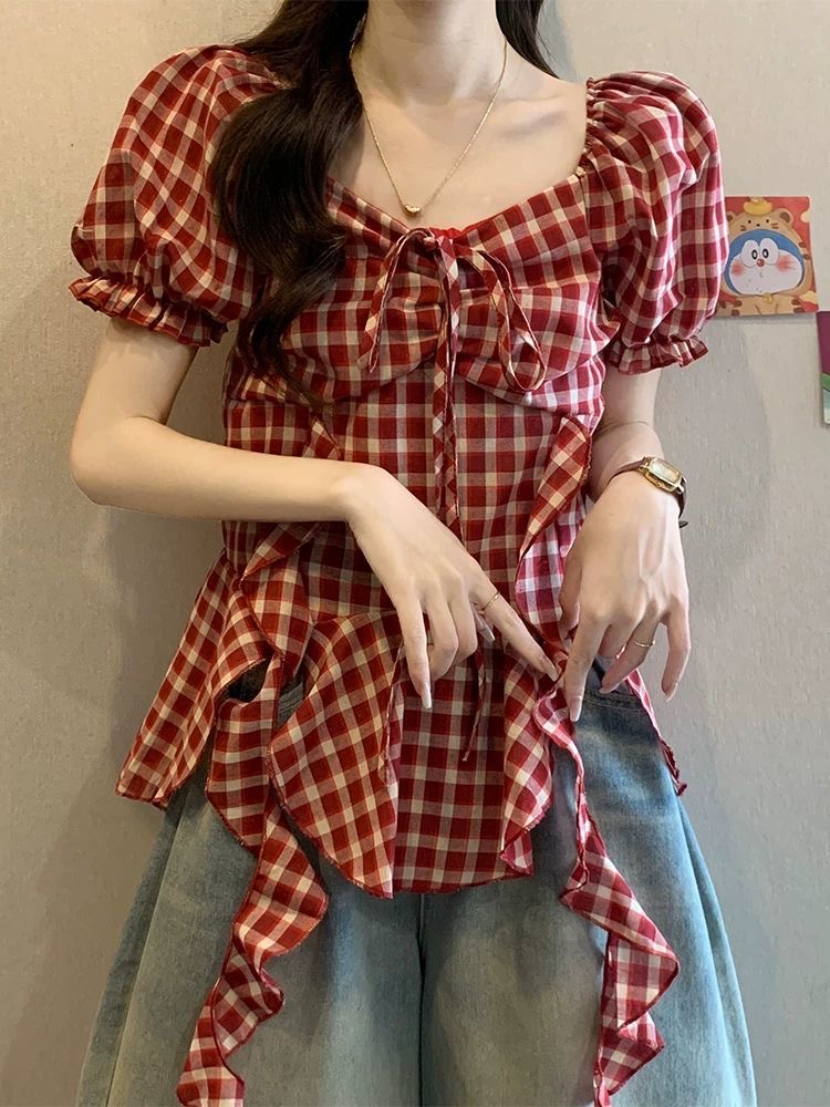 MY11340# 大码遮肚子法式复古飘带格子衬衫女夏季胖妹妹显瘦泡泡袖方领...