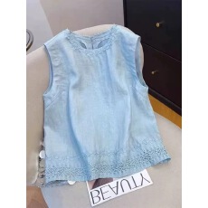 批发今年流行蓝色刺绣亚麻无袖衬衫女2025<b class='q'>夏</b>季新款宽松百搭甜美上衣潮