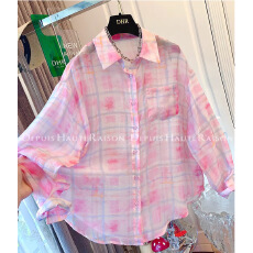 批发特大码300斤多巴胺粉色晕染格子衬衫女<b class='q'>夏</b>季薄款长袖防晒衫上衣服