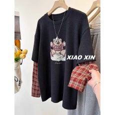 批发胖mm正肩拼接衬衫袖小熊印花长袖t恤女秋冬新款假两件ins大码上衣