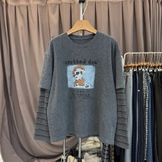 批发加大码300斤设计感拼接条纹袖长袖T恤男秋季宽松百搭印花圆领上衣