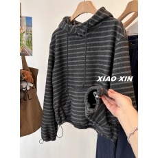 批发特大码300斤胖MM加绒加厚撞色灰条纹宽松长袖卫衣女宽松慵懒外套