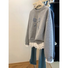 批发特大码300斤高级感重工钉珠蝴蝶结卫衣女秋冬宽松蕾丝拼接打底衫