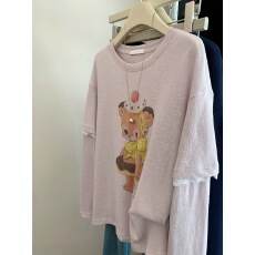 批发特大码300斤粉色小熊印花<b class='q'>蕾丝</b>花边长袖<b class='q'>t</b><b class='q'>恤</b>女上衣