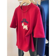 批发特大码300斤红色刺绣小狗短袖t恤女<b class='q'>冬</b>新款磨毛上衣