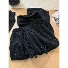 批发特大码300斤加绒波点阔腿裤女高腰直筒裤长裤