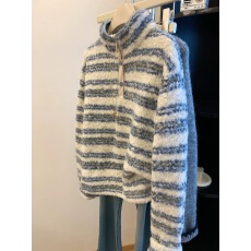 批发特大码300斤蓝色条纹半高领仿羊羔圈圈毛卫衣女