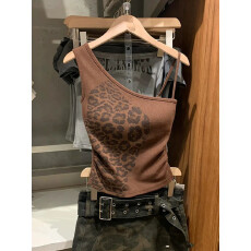 批发胖mm2026<b class='q'>春</b>季豹纹设计单吊带打底衫上衣辣妹风露肩修身女T恤小衫