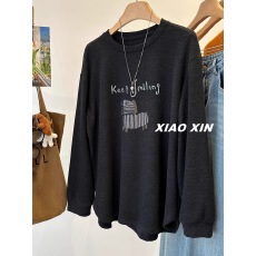 批发大码300斤胖妹妹德绒小马印花长袖T恤女秋<b class='q'>冬</b>慵懒风宽松内搭打底衫