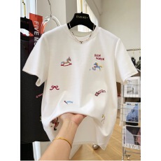 批发胖妹妹特大码300斤刺绣撞色磨毛短袖T恤女秋<b class='q'>冬</b>新款显瘦遮肉打底衫