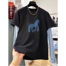 批发特大码300斤2026春季卡通印花拼接假两件长袖T恤女胖MM圆领上衣潮