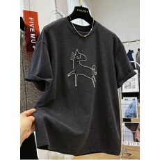 批发大码300斤美式重工刺绣德绒短袖T恤男女春秋新款宽松大版保暖上衣