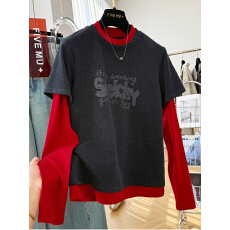 批发大码拼接假两件字母印花长袖t恤女2026年春季新款休闲打底衫上衣