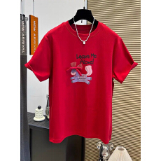 批发特大码300斤蝴蝶结刺绣德绒加厚短袖T恤男女装春季过年红体恤上衣