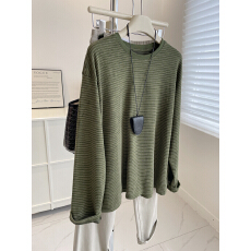 批发胖妹妹300斤大码复古流行绿色条纹长袖上衣女早春<b class='q'>秋</b>宽松T恤打底衫