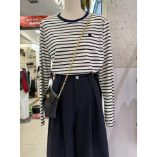 批发大码300斤韩版撞色条纹长袖T恤男女春<b class='q'>秋</b>宽松时尚刺绣爱心圆领上衣