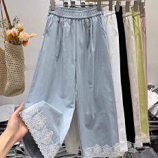 批发加大码300斤蕾丝花边撞色休闲阔腿<b class='q'>长裤</b>女春夏显瘦<b class='q'>高腰</b>直筒九分裤