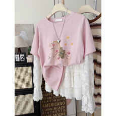 批发胖MM大码300斤甜美可爱假两件长袖T恤女春<b class='q'>夏</b>宽松大版轻薄微透上衣